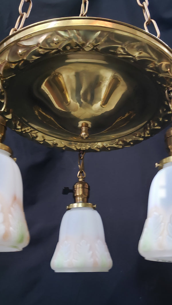 Restored Victorian 3 Light Brass Pan Chandelier w/ Shades 14"x 36" GS00978
