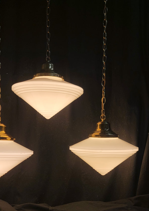Set of 4 Restored Art Deco Brass Pendant Lights w/ Pointed Bullseye Shades GS01032