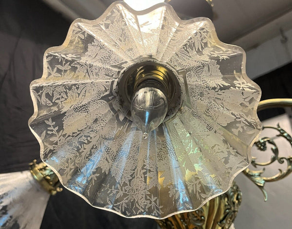 Ornate 4 Light Brass Chandelier with Pleated Etched Shades GA10208