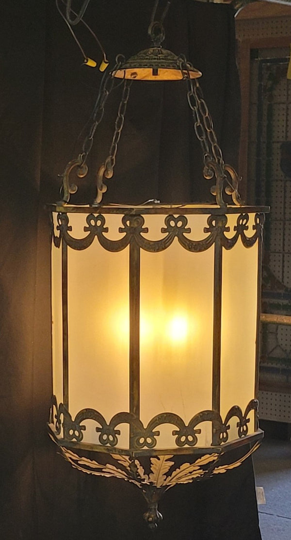 Large Octagon Shaped 4 Light Iron & Glass Chandelier 44" T x 19 1/2" W GS00951