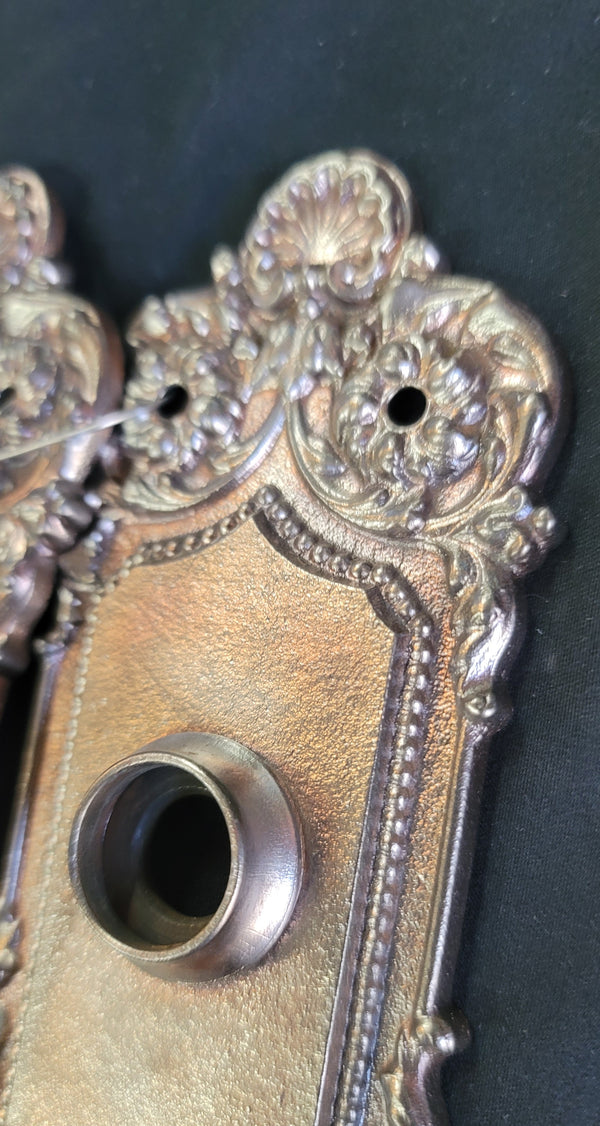 Restored Art Nouveau Door Knob Back Plates - 2 Pair 8 3/4" x 2 1/2" GS00581