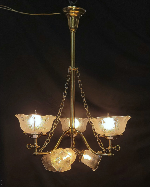 Restored Gas Converted 6 Light Brass Chandelier w/ Shades 31" T x 21" GS00948