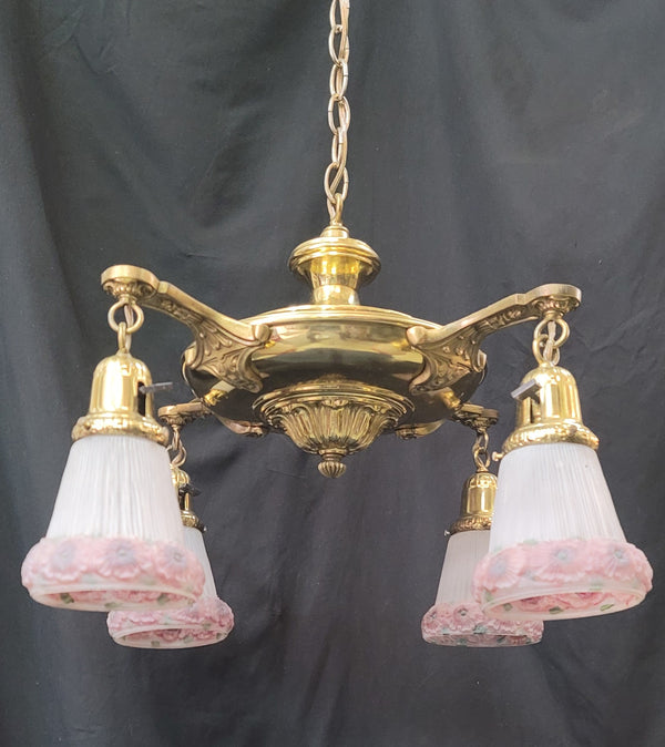 Restored Victorian 4 Light Brass Pan Chandelier w/ Shades 18" x 20" GS00993