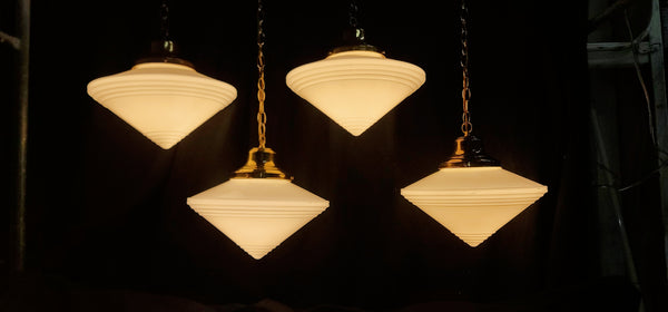 Set of 4 Restored Art Deco Brass Pendant Lights w/ Pointed Bullseye Shades GS01032