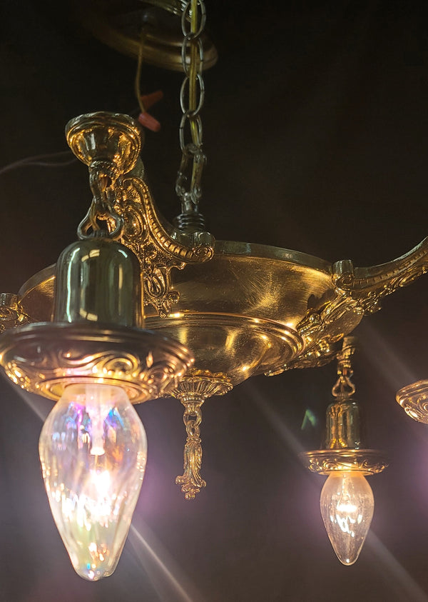 Restored 5 Light Brass Pan Chandelier w/ On/off Knobs 18" x 12" GS00969