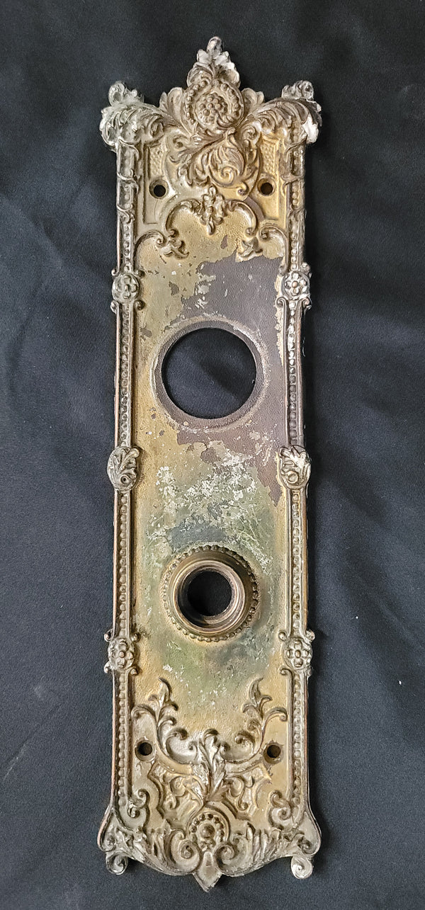 Ornate Brass Art Nouveau Backplate w/ Deadbolt Hole 11" x 3" GS00875