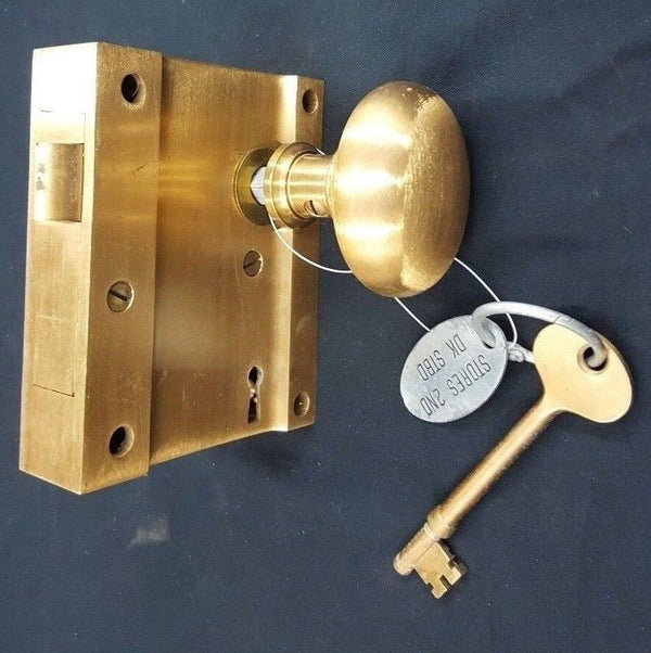 Brass Ship Rim Lock with Oval Knob Key and "Stores 2nd DK STBD" Fob