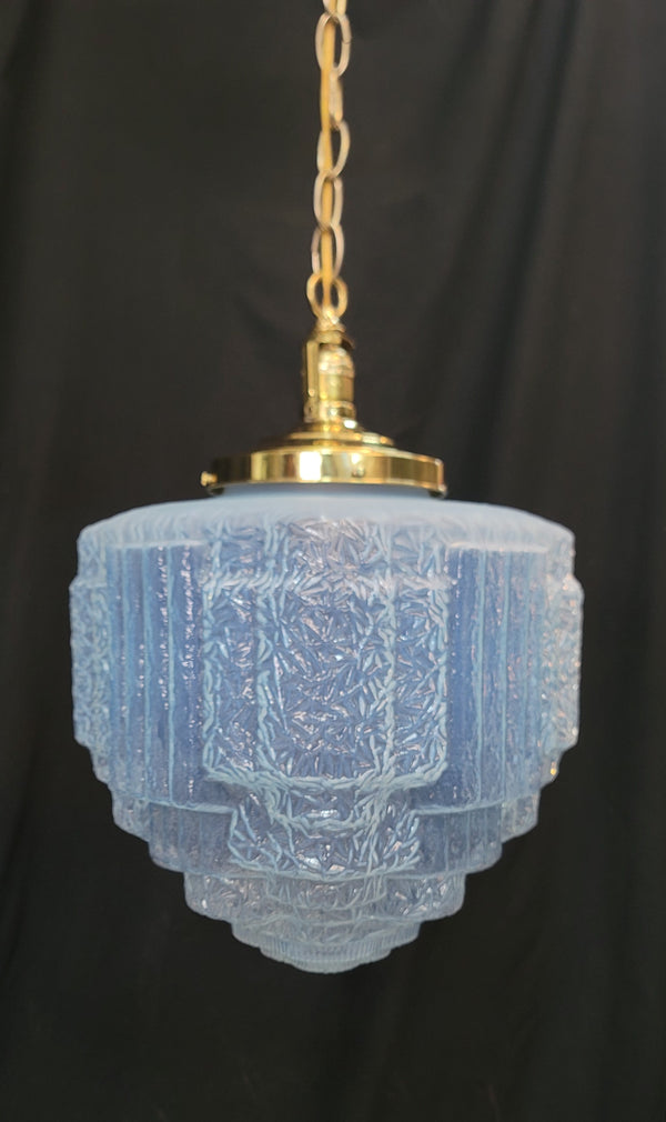 Restored Art Deco Pendant Light w/ Textured Tiered Opalescent Shade GS01023