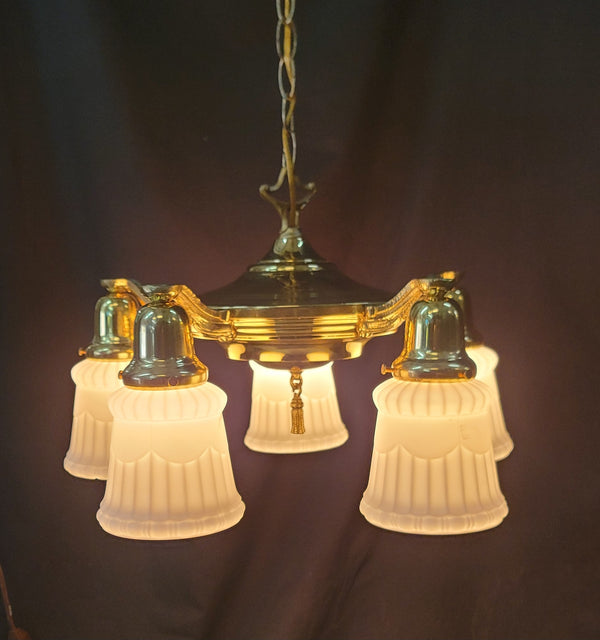 Restored 5 Light Brass Victorian Pan Chandelier w/ Textured White Shades GS01021