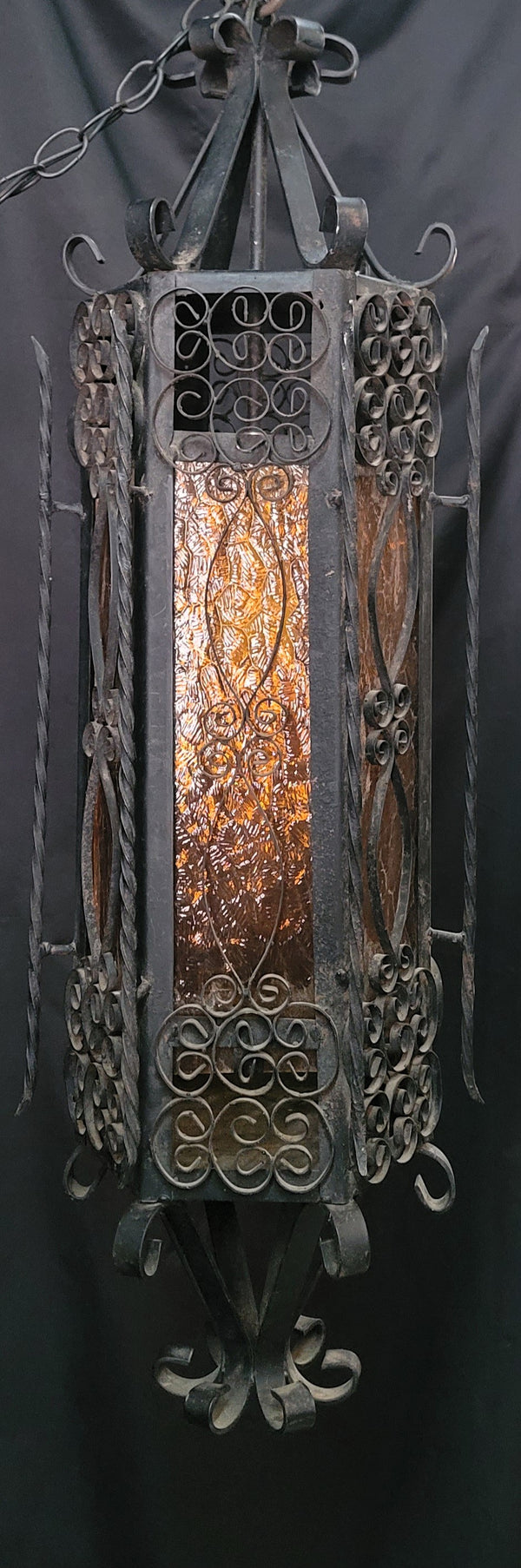 Victorian Gothic Wrought Iron Pendant Light w/ Textured Amber Glass 31"T GS00925