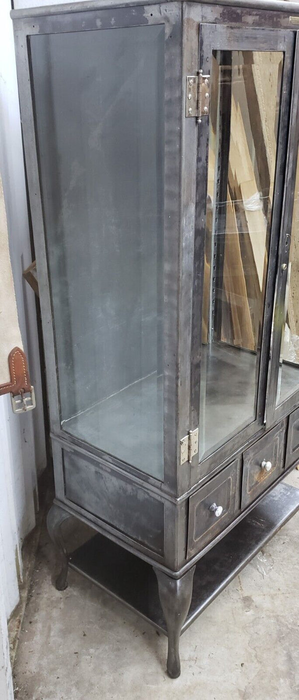 Antique Steel Medical Cabinet Beveled Glass 3 Drawers & Cabriole Legs GA9499