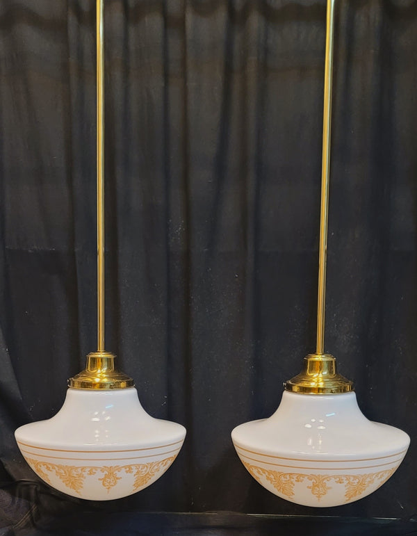 Restored Pair of Pendant Light Fixtures w/ Ornate Shades 17" x 35" GS01014