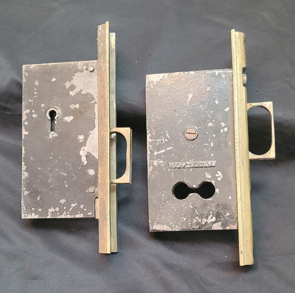 Vintage Brass & Iron Pocket Door Lock Set 7 1/2" x 5 1/4" x 3" GS00852