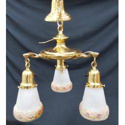 Restored 3 Light Victorian Brass Pan Chandelier w/ Textured Floral Shades GA7676