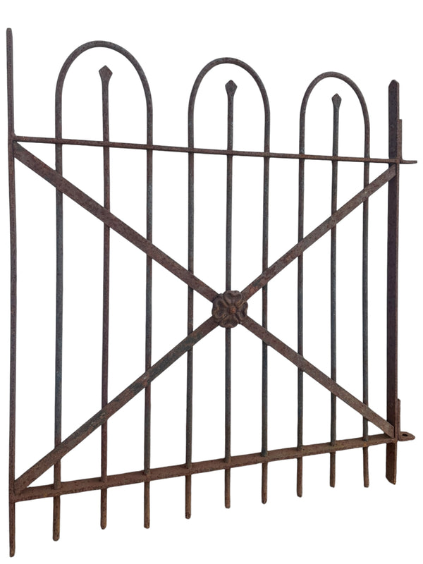 Antique Wrought Iron Hairpin Gate w/ Floral Medallion - 35" W x 39" T - GA20981