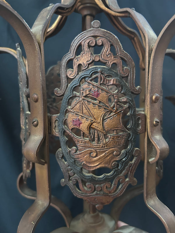 5 Light Brass & Metal Ornate Victorian Chandelier w/ Sailing Ship Motif 20"x18" GS010949