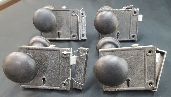 Set of 4 Reproduction Rim Locks with Privacy Locks Keepers & Black Doorknobs