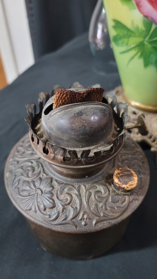 Vintage Ornate Floral Oil Lamp w/ Brass Canopy & Chimney GS00620
