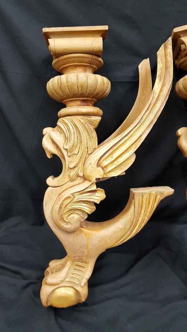 Pair of Antique Hand Carved Oak Griffin Designed Furniture Accessories #GA15