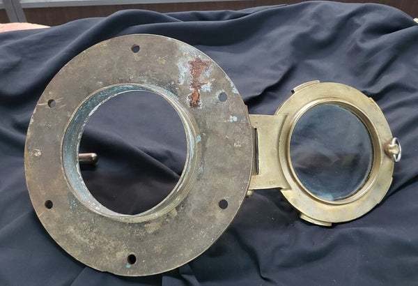 Antique Heavy Duty Solid Brass & Glass Ship's Porthole with Gear and Backplate