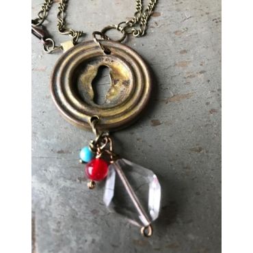 Vintage Sarabeth - Brass Key Escutcheon with Turquoise & Red Beads & Crystal Prism Necklace