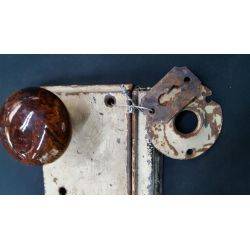 Rim Lock with Keeper Key Escutcheon Rosette & Brown Swirl Porcelain Knobs #GA4174