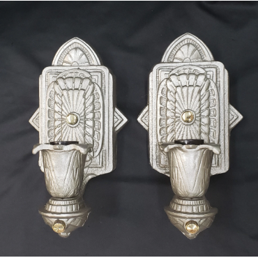 Pair of Restored Art Deco Cast Iron Silver Wall Sconces #ads2