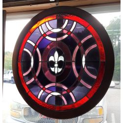 Large Round Red and Purple Stained Glass Window Framed #GA800