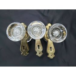 Set of 3 Round Lead Crystal Door Knobs with Brass Doorknob Backplates #GA4413