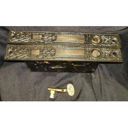 Ornate Pair of Victorian Brass Eastlake Pocket Door Lockset with Key #GA277