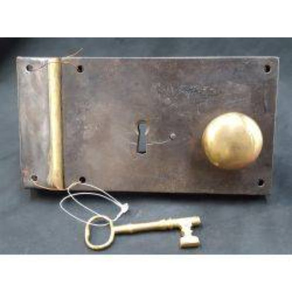 Restored 1800's Left Side Iron & Brass Carpenter Style Rim Lock Set 7" x 4 1/2" #GA1047