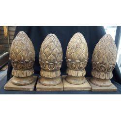Set of 4 Large Hand Carved Wooden Artichoke Post Finials #GA1098