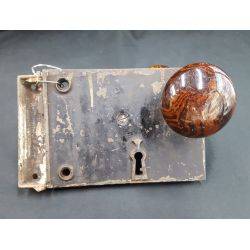 Iron Rim Lock Set with Keeper and Brown Porcelain Door Knobs #GA1107