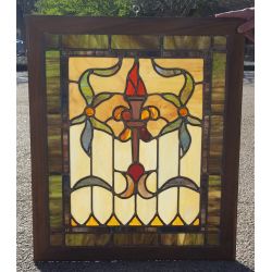 Large Multi Colored Stained Glass Window with Flaming Torch and Ribbon Design in Wood Frame #GA1159