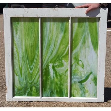 Three Pane Green and White Swirl Stained Glass Window in Wood Frame