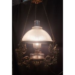 Ornate Victorian Brass Filigree Hanging Oil Lamp & Shade Converted to Electric #GA1165