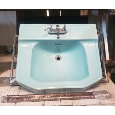 Vintage Blue Porcelain Sink with Double Side Towel Bars Faucet Set & Chrome Legs
