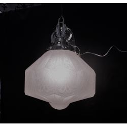 Large Art Deco Etched Glass Pendant Light with Chrome Art Deco Trim & Ceiling Cap #GA2027