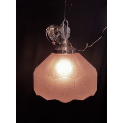 Large Art Deco Etched Glass Pendant Light with Chrome Art Deco Trim & Ceiling Cap #GA2027