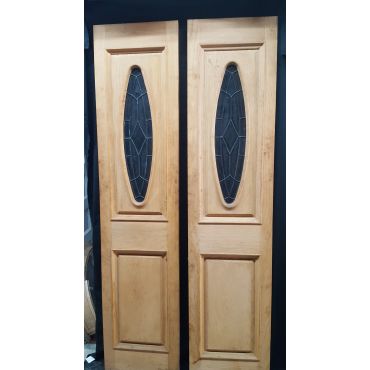 Pair of Solid Oak Side Lites with Oval Textured Leaded Glass & Raised Panels #GA2046
