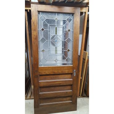 Wood & Leaded Textured Glass Exterior Door with Ornate Geometric Designs & Hardware