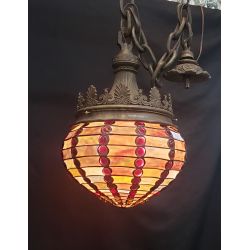 1920's Art Deco Crown Bronze Pendant Fixture with Multi Colored Stained Glass Globe #GA216161