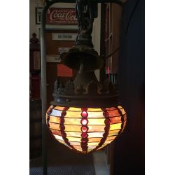 1920's Art Deco Crown Bronze Pendant Fixture with Multi Colored Stained Glass Globe #GA216161