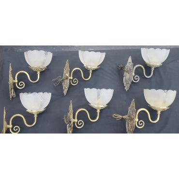 Set of 6 Ornate Brass Sconces with Frosted Floral Scalloped Edged Shades #GA2162
