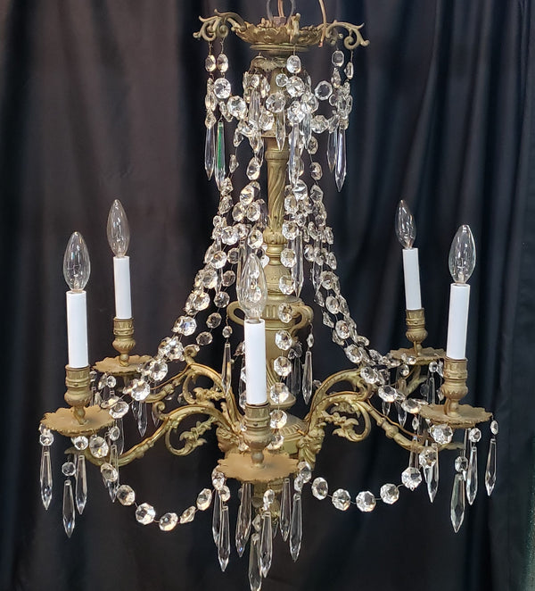 Restored Early Dury Bronze Electrified 6 Light Crystal Prism Chandelier #GA2198