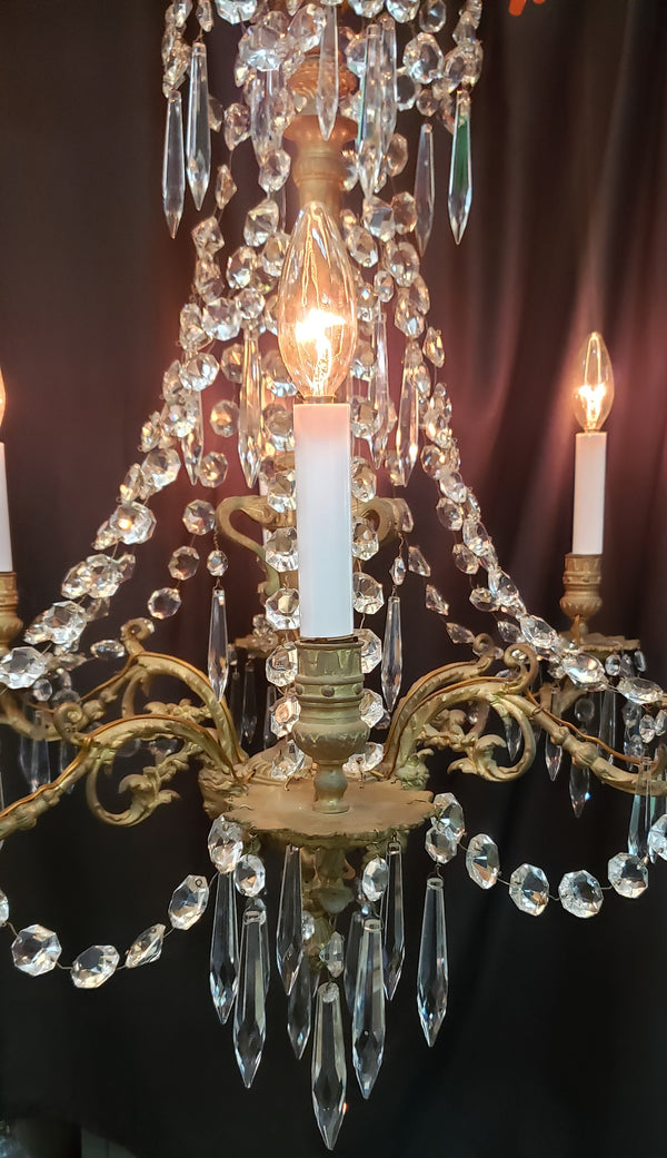 Restored Early Dury Bronze Electrified 6 Light Crystal Prism Chandelier #GA2198