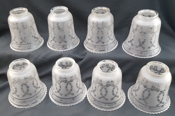 Set of 8 Vintage Etched Frosted Glass Chandelier Light Fixture Shades #8SET