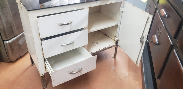 Antique Steel Step Back Medical Cabinet with Bullet Glass & Storage Drawers #GA2226