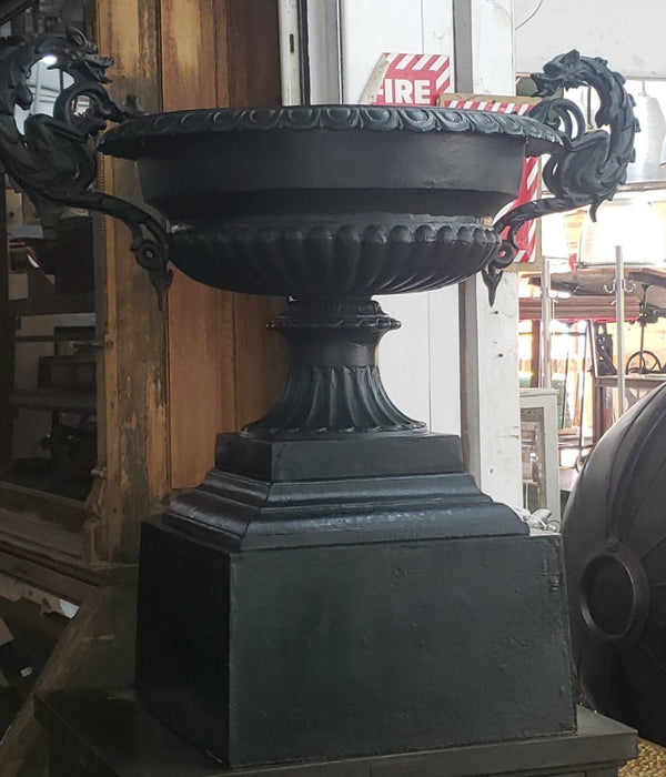 Large Black Cast Iron  Double Griffin Urn on Pedestal with Square Bottom Base #GA2248