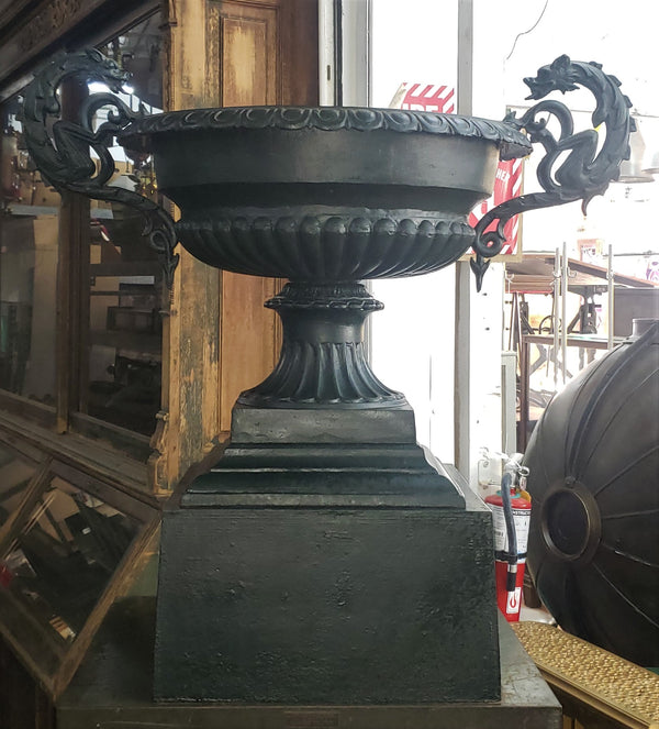 Large Black Cast Iron  Double Griffin Urn on Pedestal with Square Bottom Base #GA2248